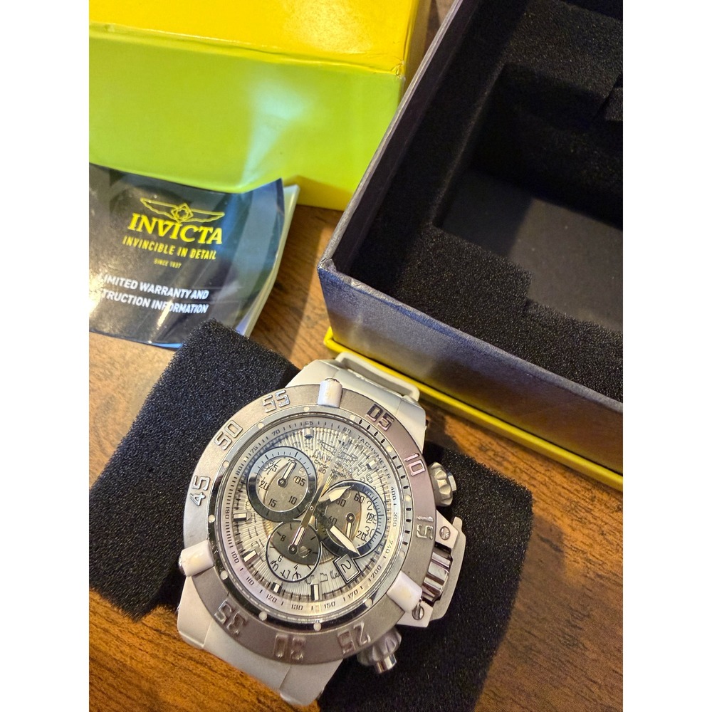 Invicta Subaqua Noma III 0933 Chronograph White Silicone Watch 50mm Silver Dial